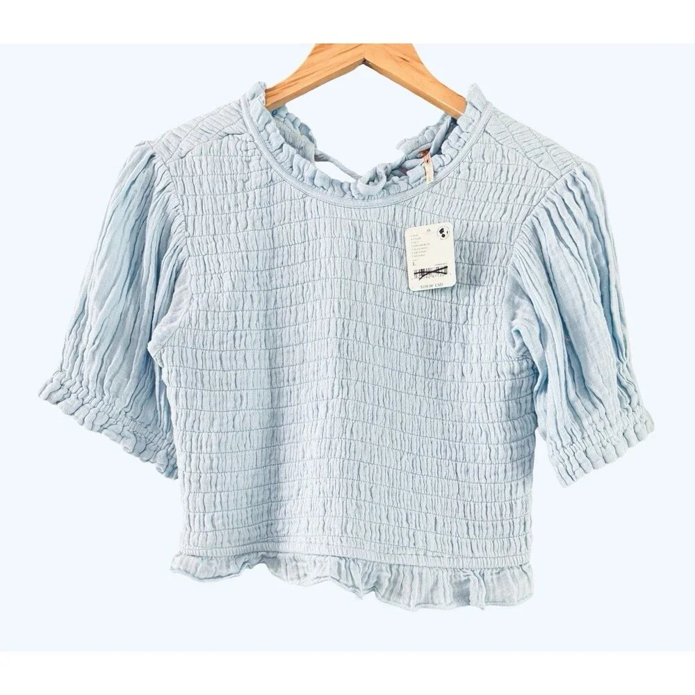 Free People A Sight To See Light Blue Smocked Gauzy Top Size Large NWT $108